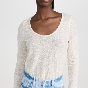 Vince Scoop Neck Ivory Lace Jacquard Cream Long Sleeve Top Preowned Medium